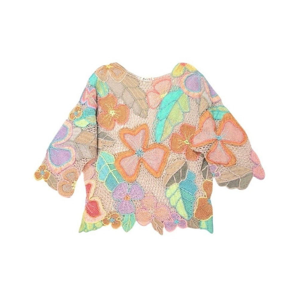 Lims Vintage Crochet Floral Knit Top Pastel Multicolor Mesh Short Sleeve Large